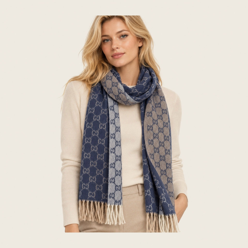 GG Cashmere Scarf – Blue & Beige