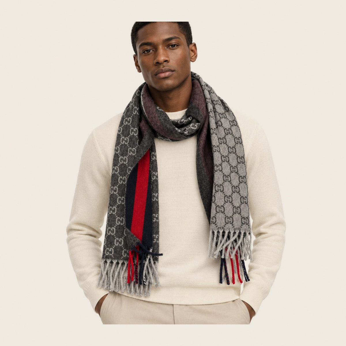 GG Cashmere Scarf – Charcoal & Navy